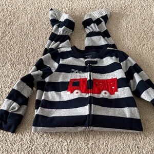 Carter's Navy and Gray Striped Pajamas with Red Fire Truck